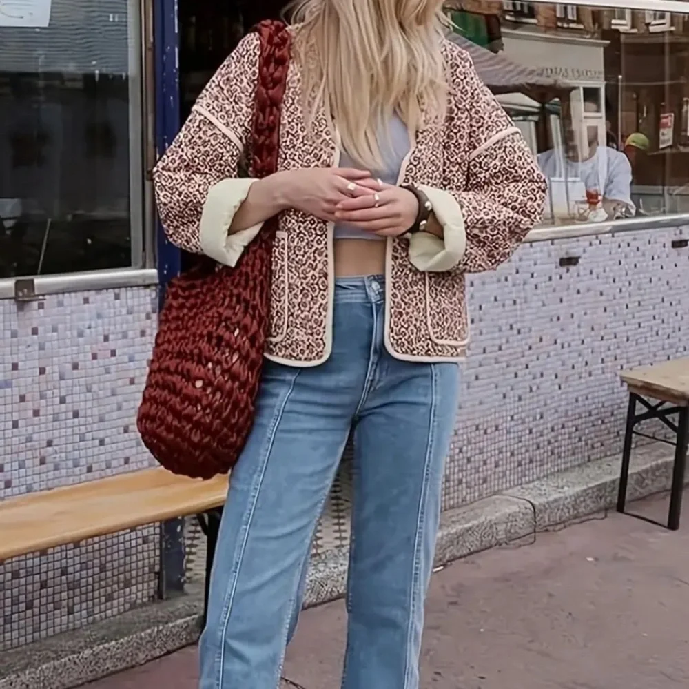 Cream and Brown/Red printed quilted lightweight jacket - Picture 6 of 6